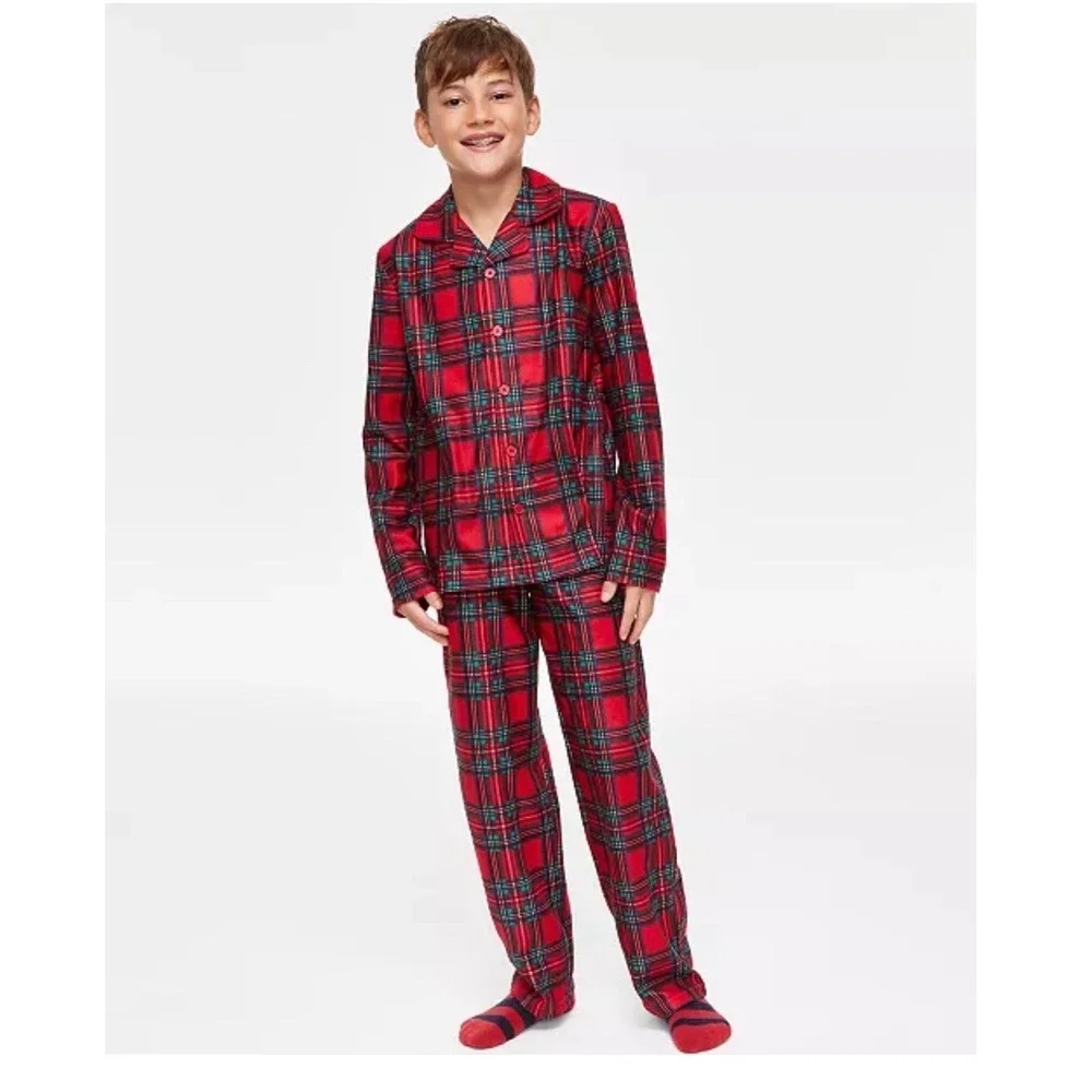 Unisex Kids XL 14-16 Red Plaid Pajama Set 2pc Button Down Holiday Christmas
